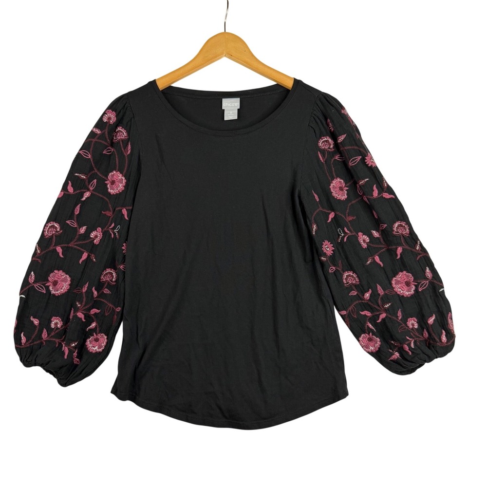 Chico's Mixed Media Floral Embroidered Ballon Sleeve Top size 0 (US Small) Black